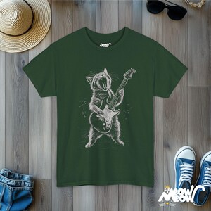 Rockin' Cat T-Shirt - Funny Guitar Playing Cat Design - Music Lover Gift Forest Green