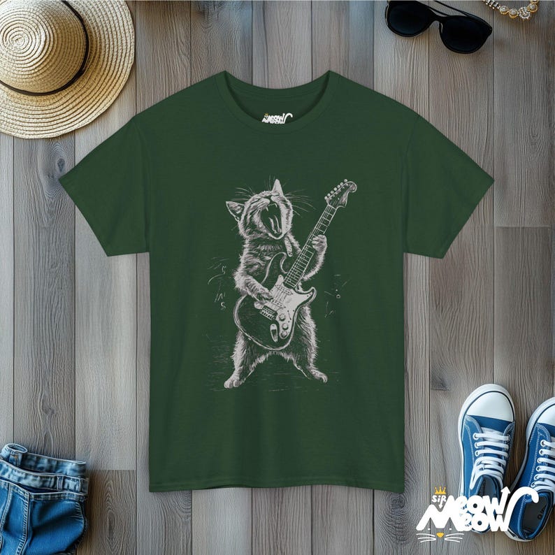 Rockin' Cat T-Shirt - Funny Guitar Playing Cat Design - Music Lover Gift Forest Green