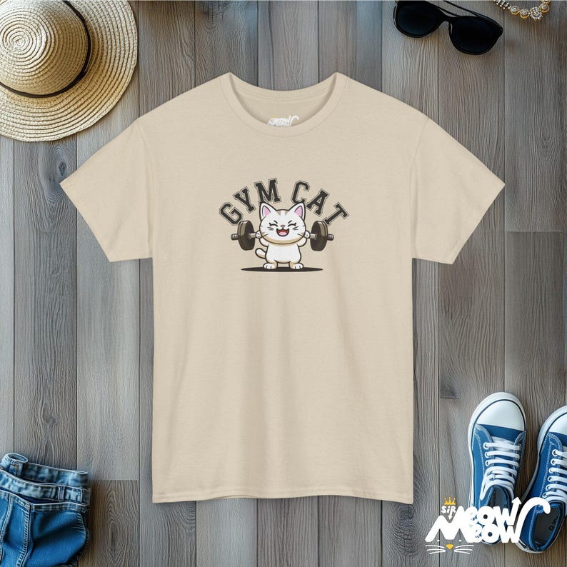 Gym Cat T-Shirt: Workout Feline Tee for Fitness & Cat Lovers Sand