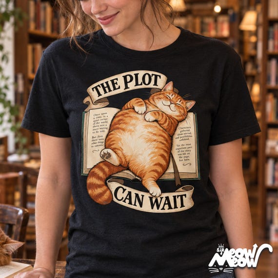 The Plot Can Wait Cat T-Shirt, Ginger Tabby on Book, Book Lover Gift