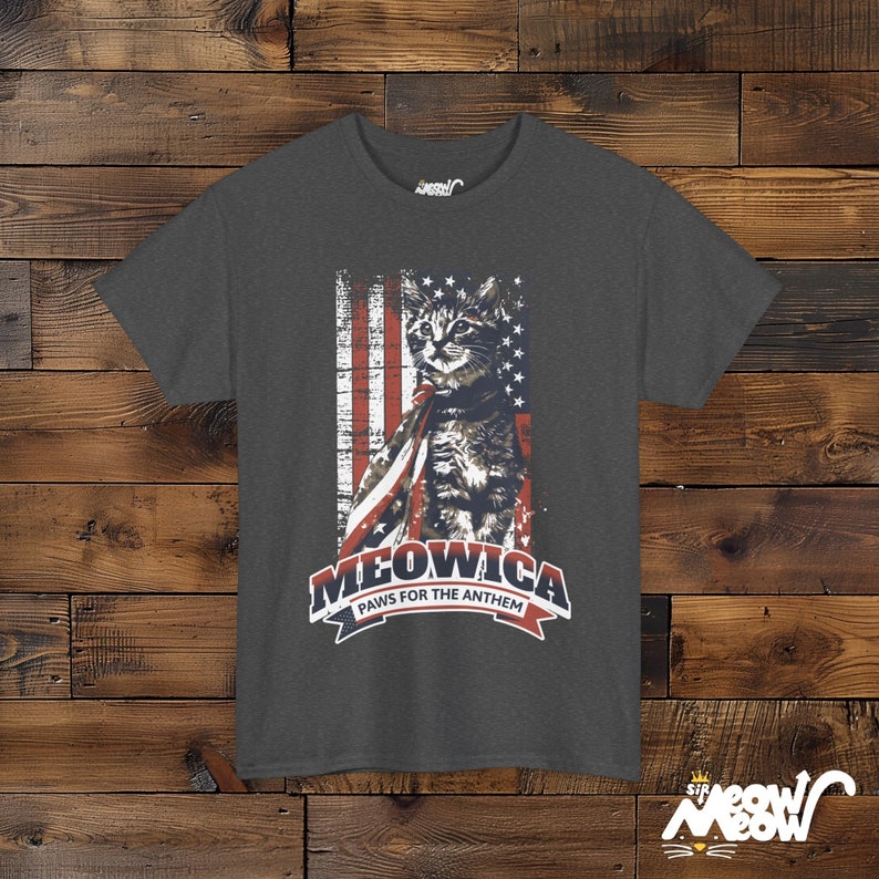Meowica Cat T-Shirt: Patriotic 4th of July Kitten Tee Dark Heather
