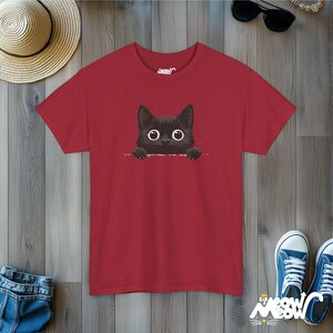 Peekaboo Black Cat T-Shirt: Minimalist Feline Tee Antique Cherry Red