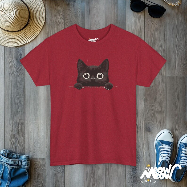 Peekaboo Black Cat T-Shirt: Minimalist Feline Tee Antique Cherry Red