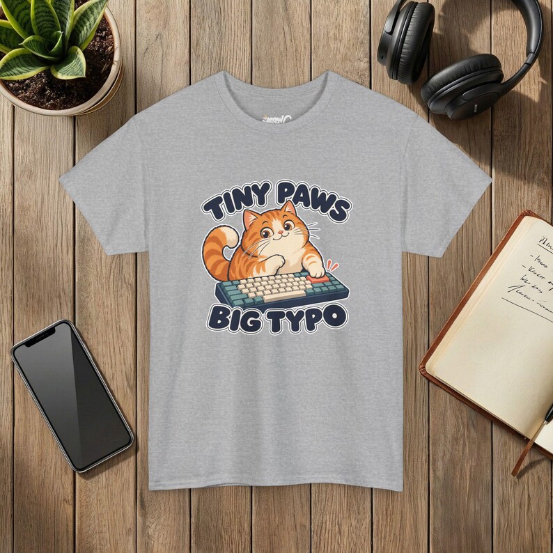 Tiny Paws Big Typo Cat T-Shirt, Keyboard Cat, Gildan 5000 Sport Grey