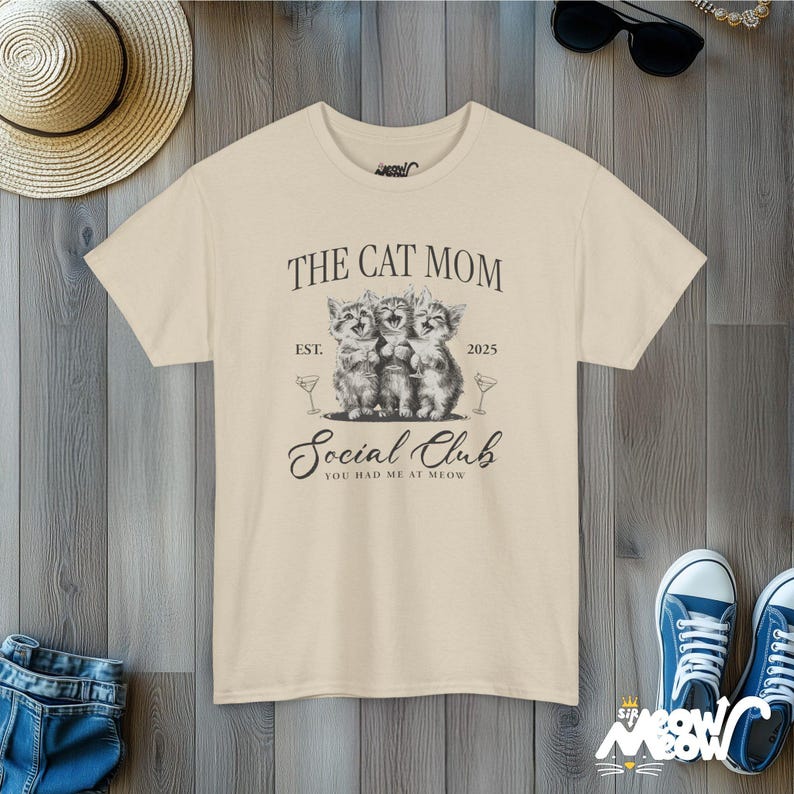 Customizable Cat Mom Social Club T-shirt: Martini Kittens Sand
