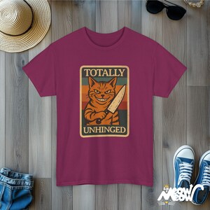 Unhinged Cat Knife T-Shirt: Funny Psycho Cat, Retro Style Berry