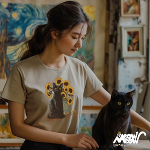 Van Gogh Sunflowers Black Cat T-Shirt | Famous Painting Unisex Shirt | Gift for Art Lovers image 9
