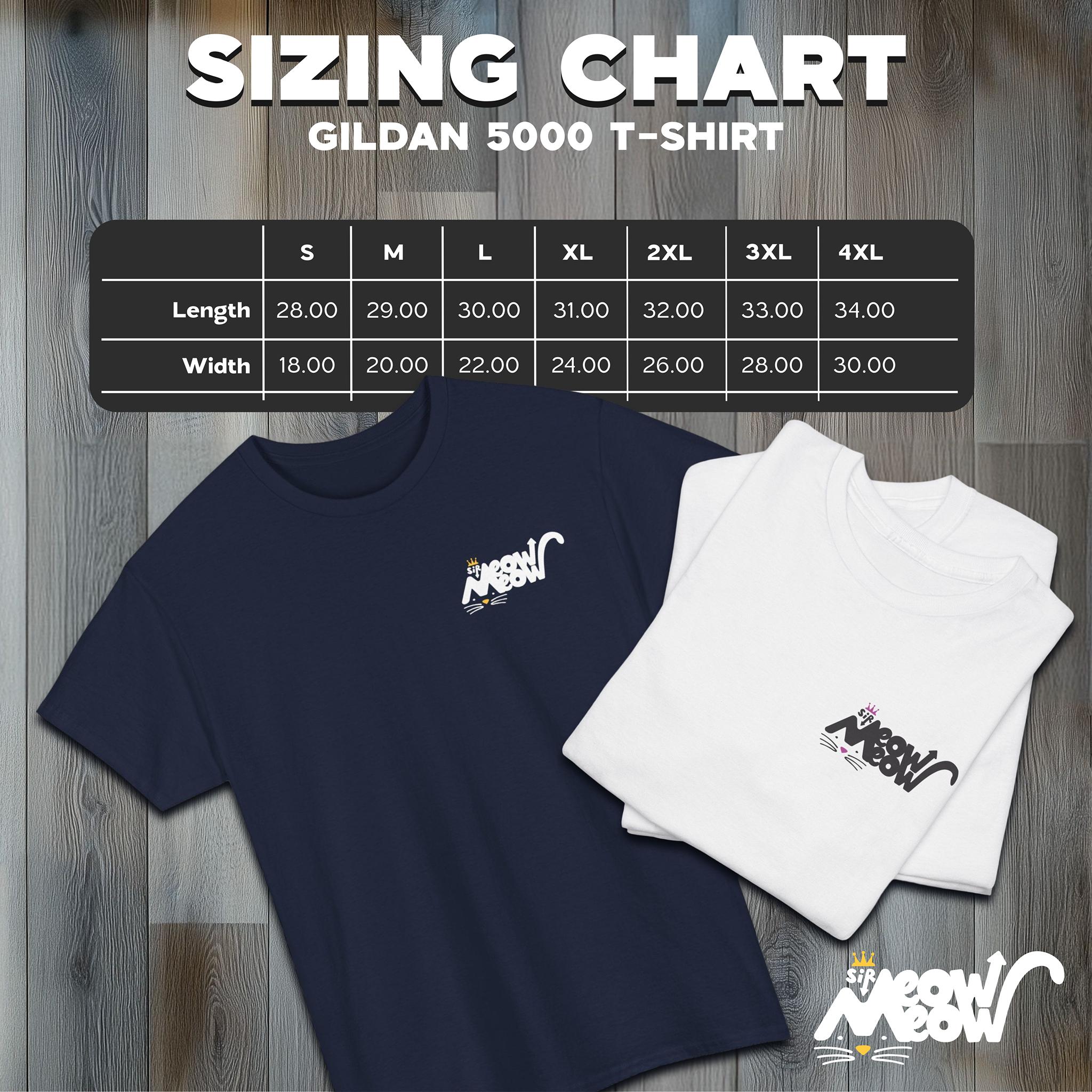 May include: Navy blue and white Gildan 5000 t-shirts with a "Sir Meow Meow" logo. A sizing chart shows shirt length from 28 to 34 inches and width from 18 to 30 inches. The text "SIZING CHART" is at the top.