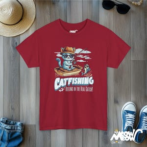Catfishing Unisex Tee: Funny Cat & Fishing Graphic T-Shirt Cardinal Red