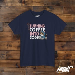 Turning Coffee Into Code Cat Programmer T-Shirt - Funny Gift for Coders and Coffee Lovers Navy