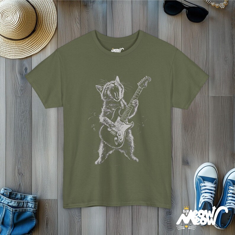 Rockin' Cat T-Shirt - Funny Guitar Playing Cat Design - Music Lover Gift Military Green
