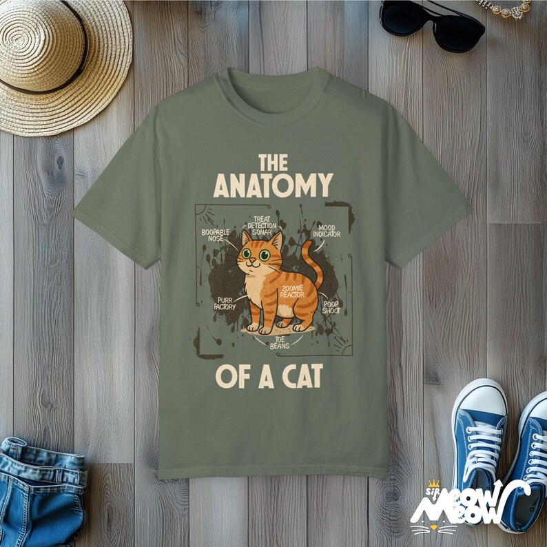 おもしろ猫の解剖学と快適な色彩のTシャツ：猫好きへのギフト Moss
