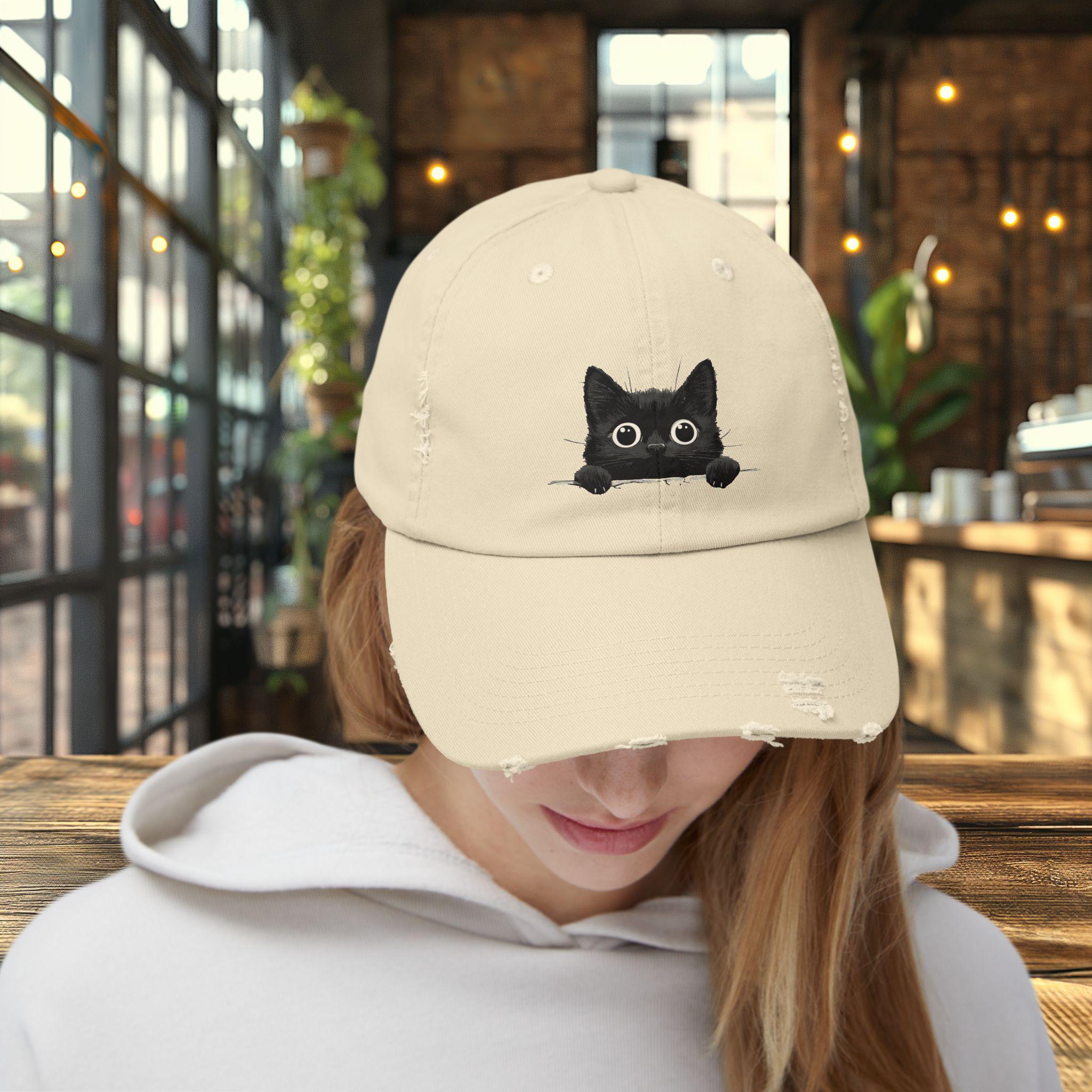 Distressed Black Cat Cap: Vintage-style Peeking Cat Hat - Etsy