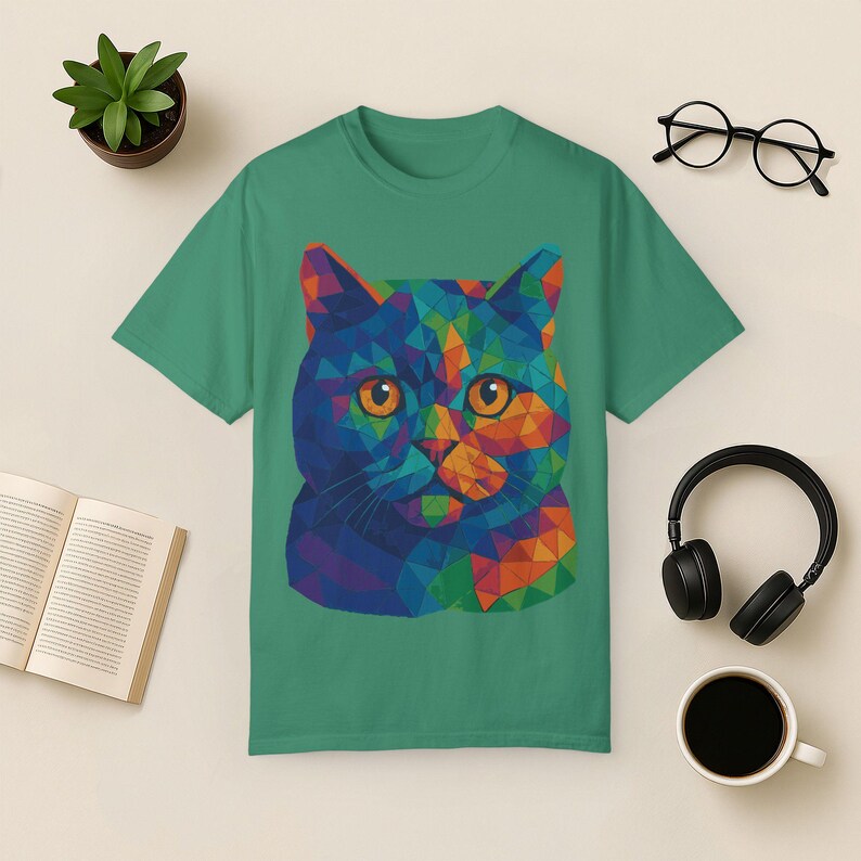 Geometric Cat Shirt: Abstract Rainbow Art Tee image 7