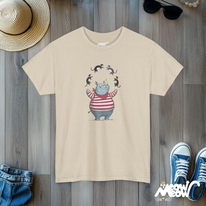 Rhino Juggling Cats T-Shirt | Funny Animal Graphic Tee Sand