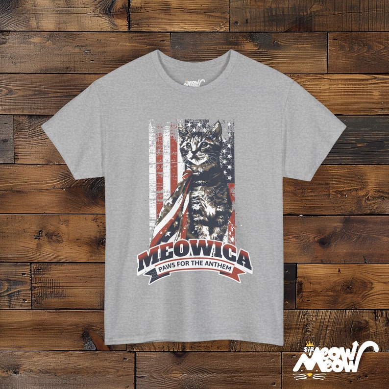 Meowica Cat T-Shirt: Patriotic 4th of July Kitten Tee Sport Grey