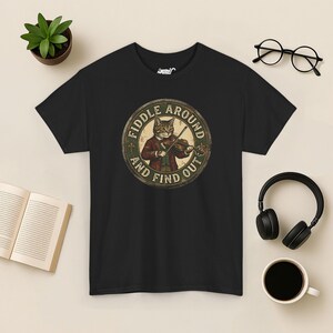 Vintage Fiddle Cat T-Shirt, Funny Violinist Tee Black