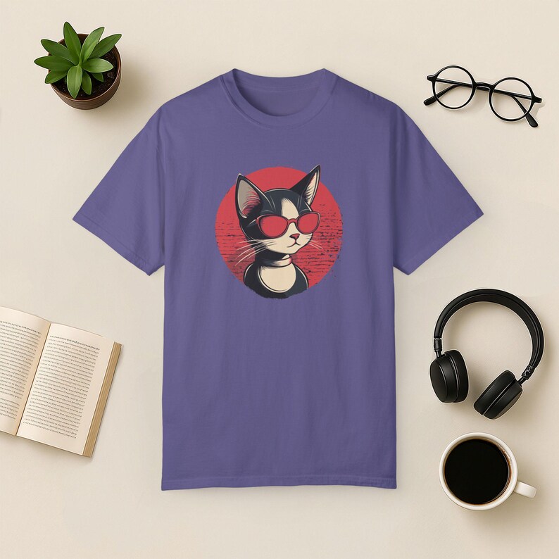Cat Sunglasses T-Shirt, Retro Graphic Unisex Tee Grape
