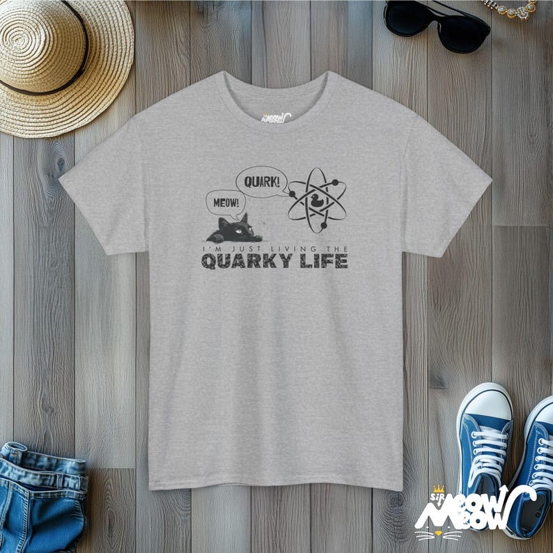 Quarky Life T-Shirt: Funny Physics Cat Unisex Tee Sport Grey
