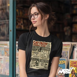 Funny Cat Comic Shirt: Vintage "Cat-Tastic Comic Club" Tee Black