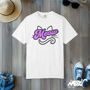 Meow Script Cat T-Shirt: Retro Kitty Comfort Colors Tee White