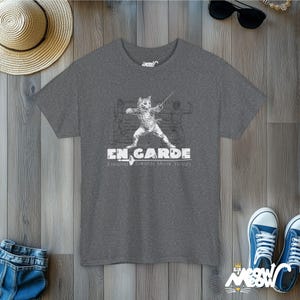 Fencing Cat Unisex Tee, Fencer Gift, Cat Lover Shirt, Sword Fighting En Garde T-Shirt Graphite Heather