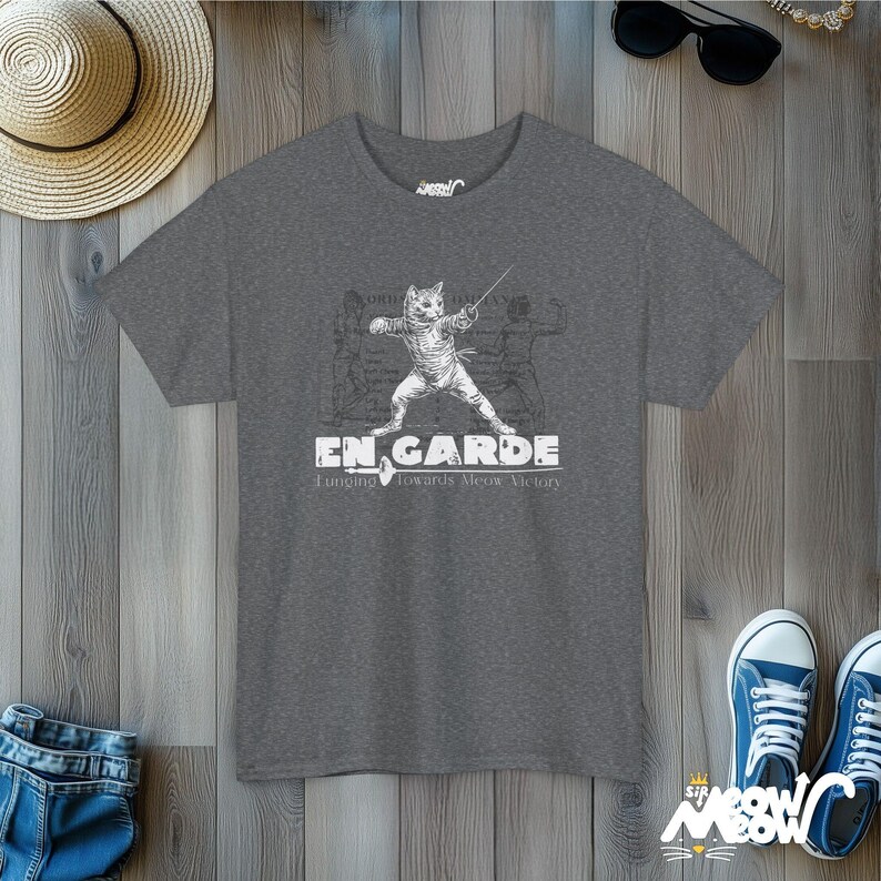 Fencing Cat Unisex Tee, Fencer Gift, Cat Lover Shirt, Sword Fighting En Garde T-Shirt Graphite Heather