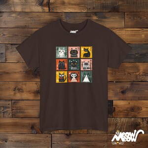 Retro Stamp Cat Grid T-Shirt: Kawaii Nine Cats Graphic Dark Chocolate