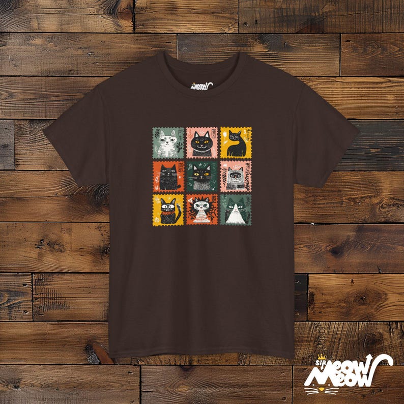 Retro Stamp Cat Grid T-Shirt: Kawaii Nine Cats Graphic Dark Chocolate