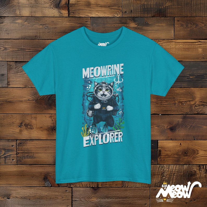 Meowrine Explorer T-Shirt: Funny Scuba Diving Cat Graphic Tee Tropical Blue