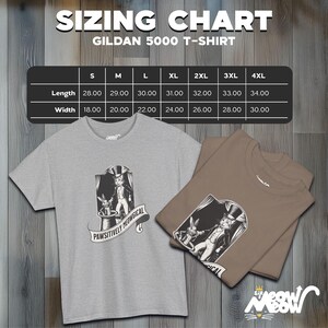 May include: Sizing chart for Gildan 5000 t-shirts, showing measurements in inches for length and width. The chart includes sizes S through 4XL.  A gray t-shirt with a black and white illustration of a cat magician performing a magic trick. The text on the t-shirt reads "Pawsitively Magical".