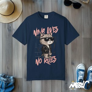 Rebel Cat Graphic Tee: Comfort Colors Retro Streetwear True Navy