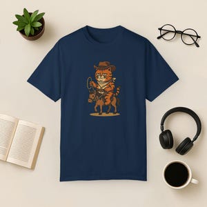 Cowboy Cat Comfort Colors Tee: Funny Rodeo Graphic T-Shirt True Navy
