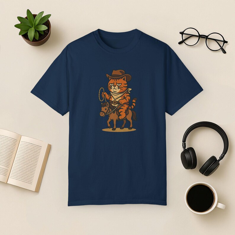 Cowboy Cat Comfort Colors Tee: Funny Rodeo Graphic T-Shirt True Navy