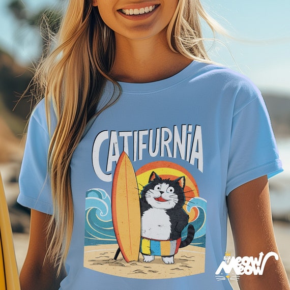 Catifurnia Unisex Shirt: Fun Surfing Cat Design, Beach Lover Gift
