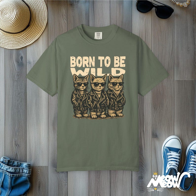 Camiseta retro de gatos moteros: camiseta gráfica "Born to Be Wild" Moss