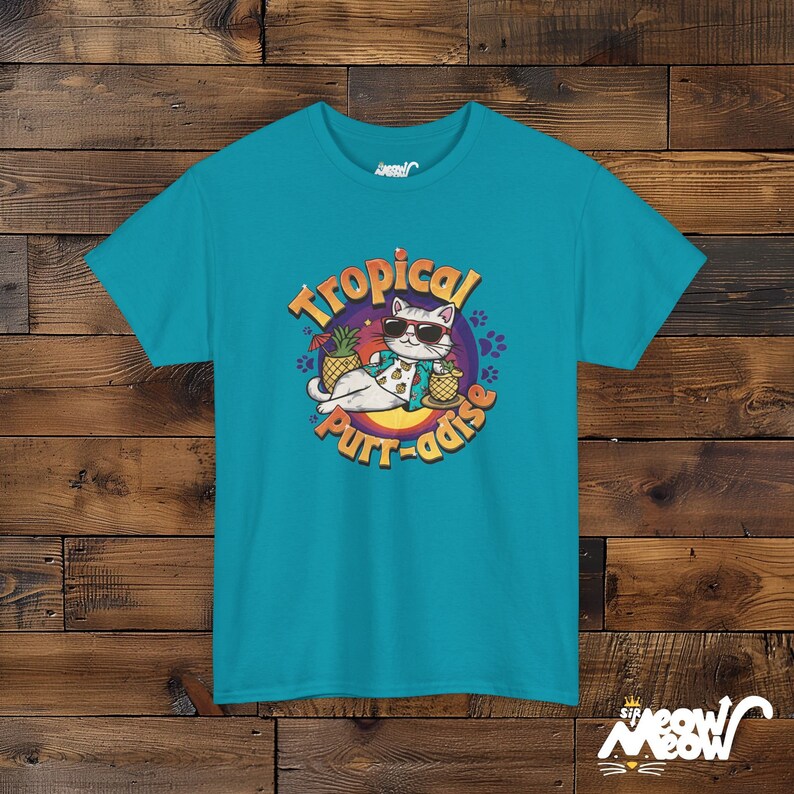 Tropical Cat T-Shirt: Funny Beach Purr-adise Tee Tropical Blue