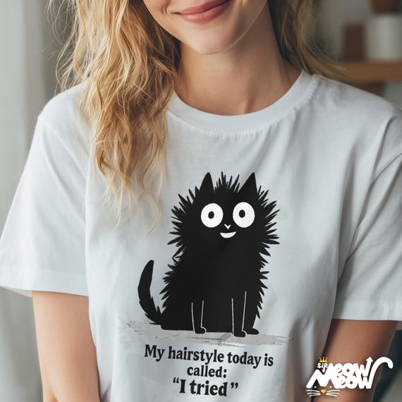 Funny Cat T-Shirt: Bad Hair Day, I Tried - Unisex Cotton Tee