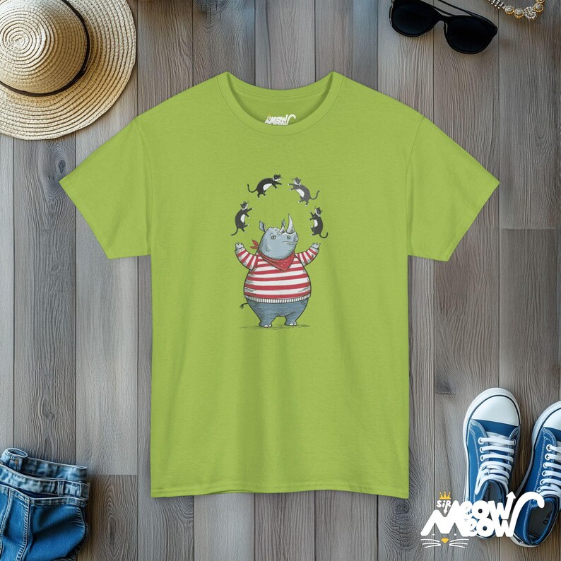 Rhino Juggling Cats T-Shirt | Funny Animal Graphic Tee Kiwi