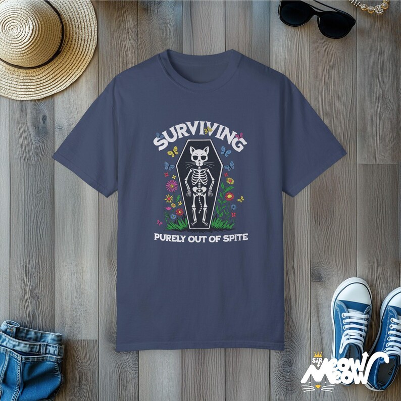 Skeleton Cat T-Shirt: Funny Dark Humor Comfort Colors Tee Midnight