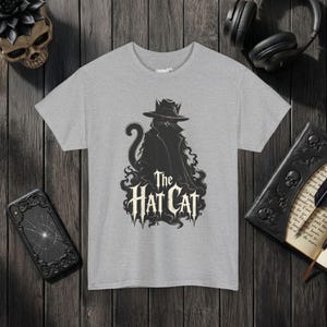 The Hat Cat Gothic T-Shirt, Spooky Halloween Cat Lover Tee Sport Grey