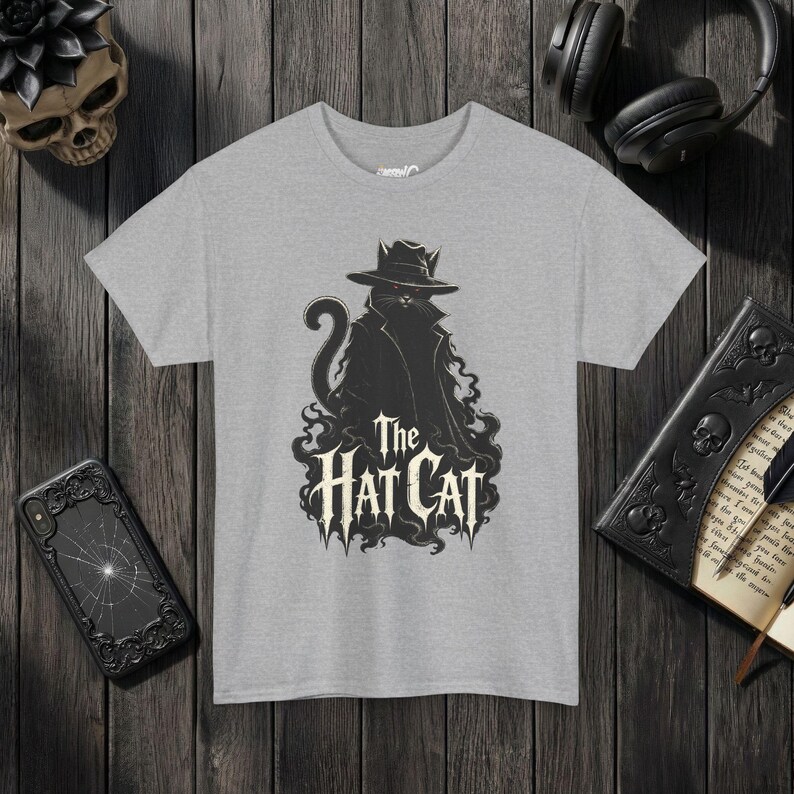 The Hat Cat Gothic T-Shirt, Spooky Halloween Cat Lover Tee Sport Grey