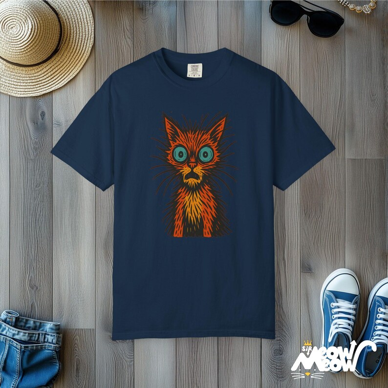 Retro Woodcut Cat T-Shirt: Scruffy Comfort Colors Tee True Navy