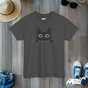 Peekaboo Black Cat T-Shirt: Minimalist Feline Tee Dark Heather