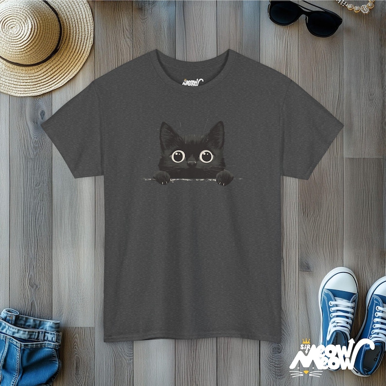 Peekaboo Black Cat T-Shirt: Minimalist Feline Tee Dark Heather