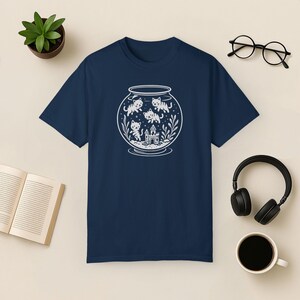 Funny Cat Fishbowl T-Shirt: Comfort Colors Kitty Aquarium Tee True Navy