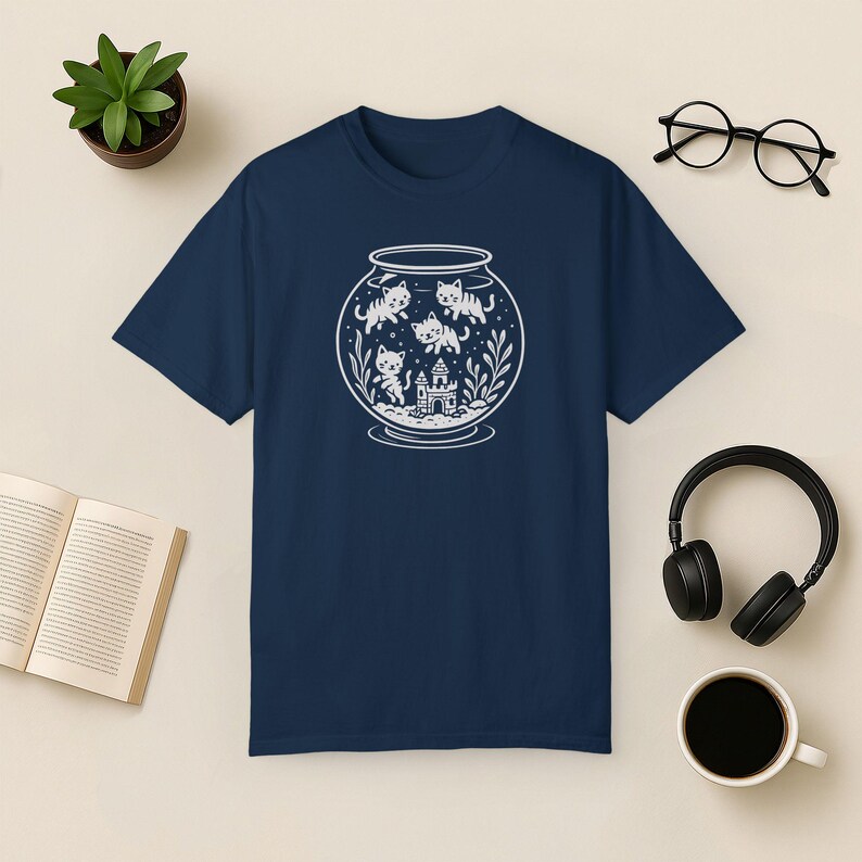 Funny Cat Fishbowl T-Shirt: Comfort Colors Kitty Aquarium Tee True Navy