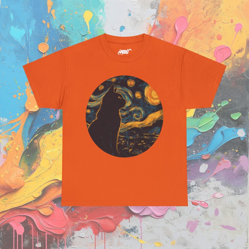 T-shirt chat nuit étoilée : t-shirt artistique inspiré de Van Gogh Orange