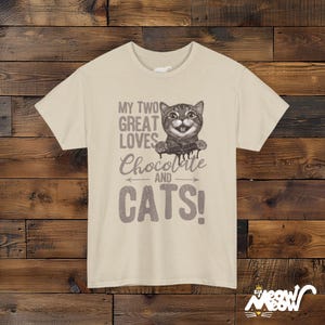 Chocolate and Cats T-Shirt: Playful Graphic Tee, Cat Lover Gift Sand