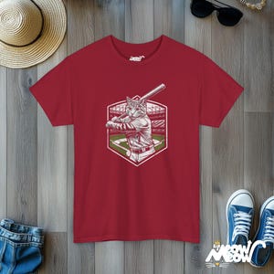 Funny Softball Cat Graphic T-Shirt: Quirky Sports Apparel Cardinal Red